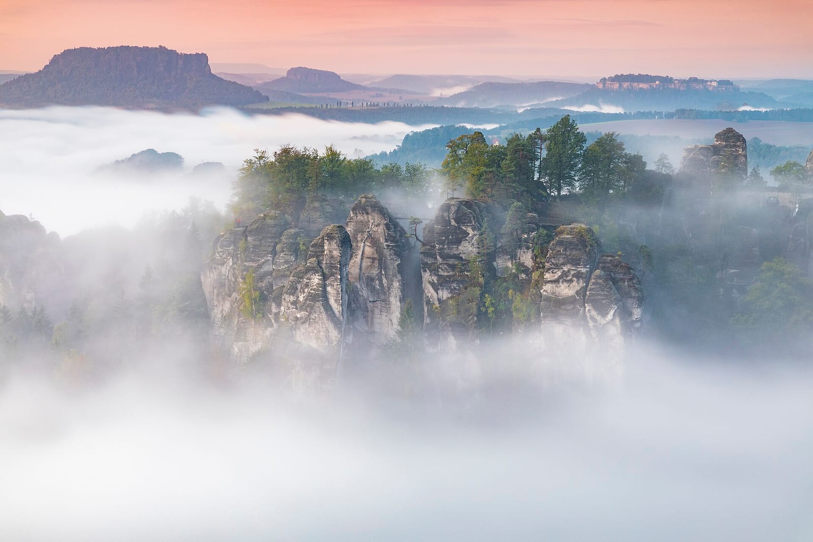 The Bastei bridge among sandstone pinnacles above the Elbe
