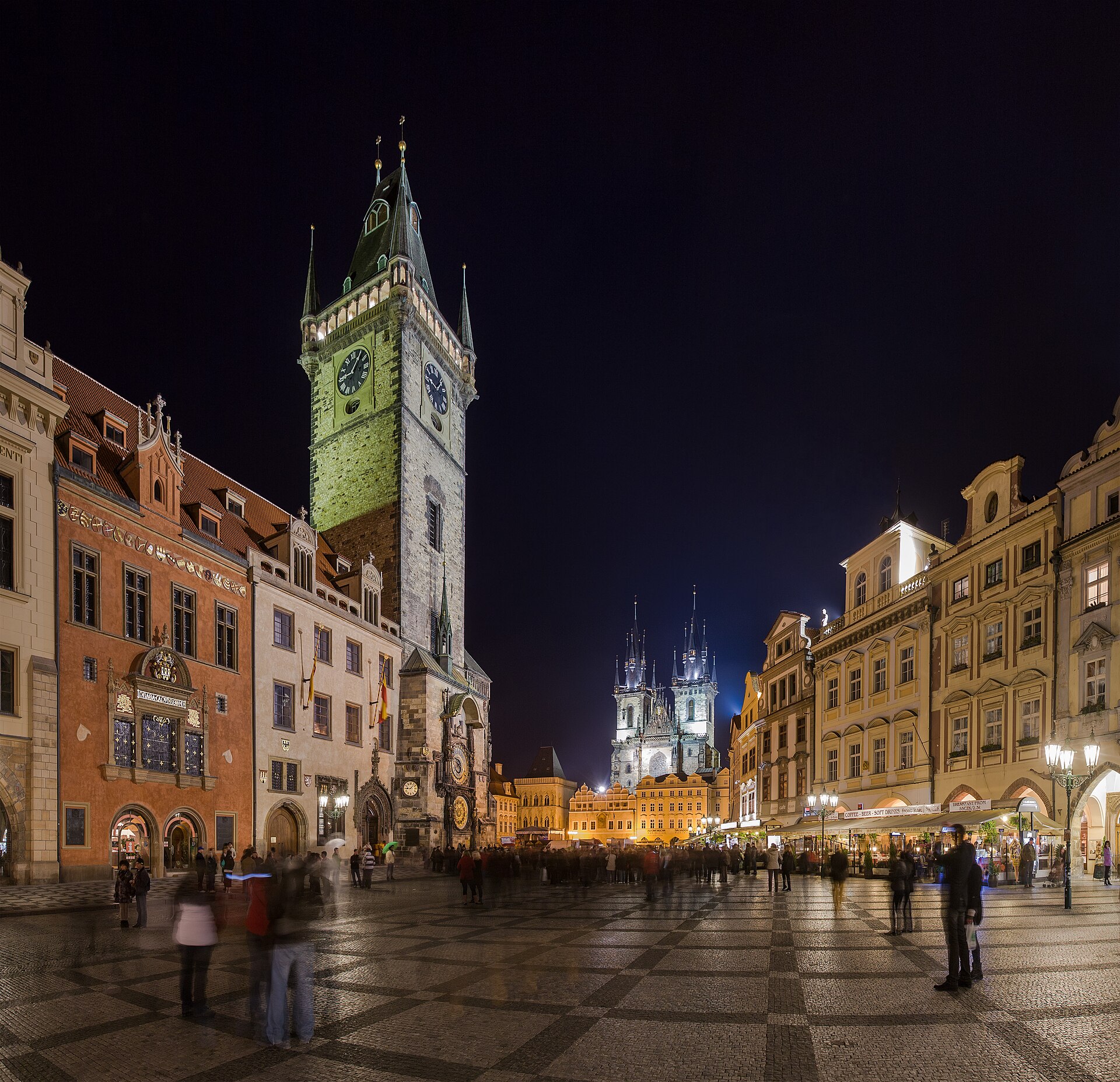 Old Town Square and Týn Church at dusk